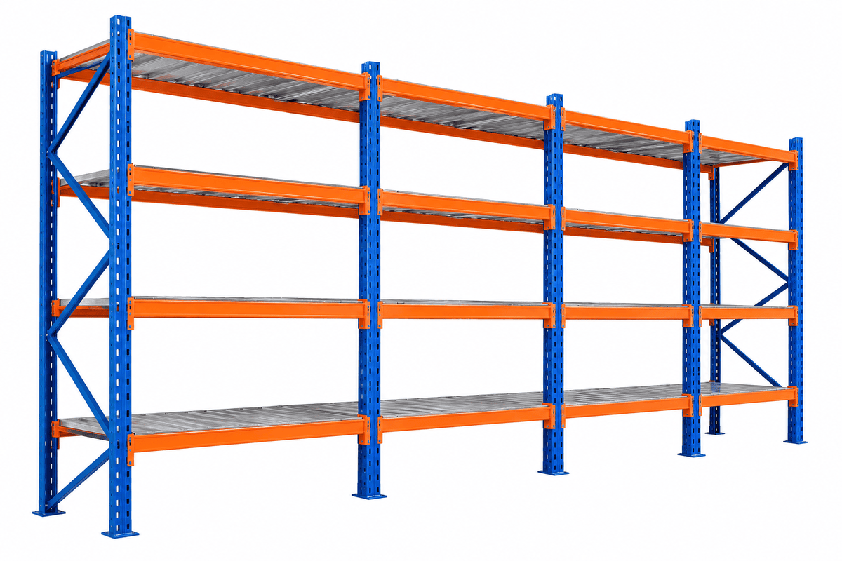 Blue and orange selective pallet racks with four levels and steel decking against a plain white background.