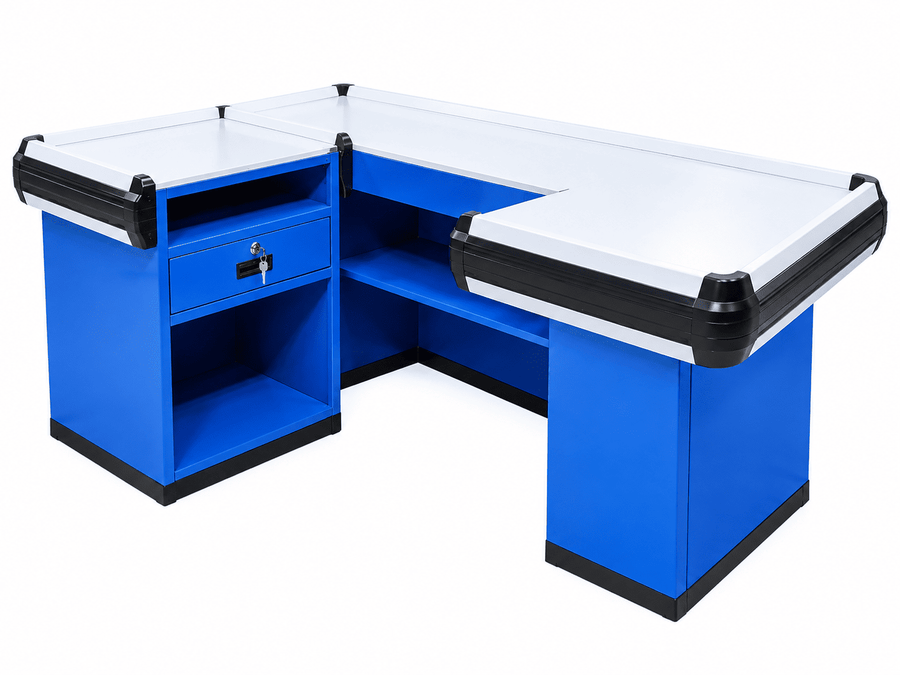 Blue cash counter with a white laminate top, black edge trim, lockable cash drawer, and storage shelves on a white background
