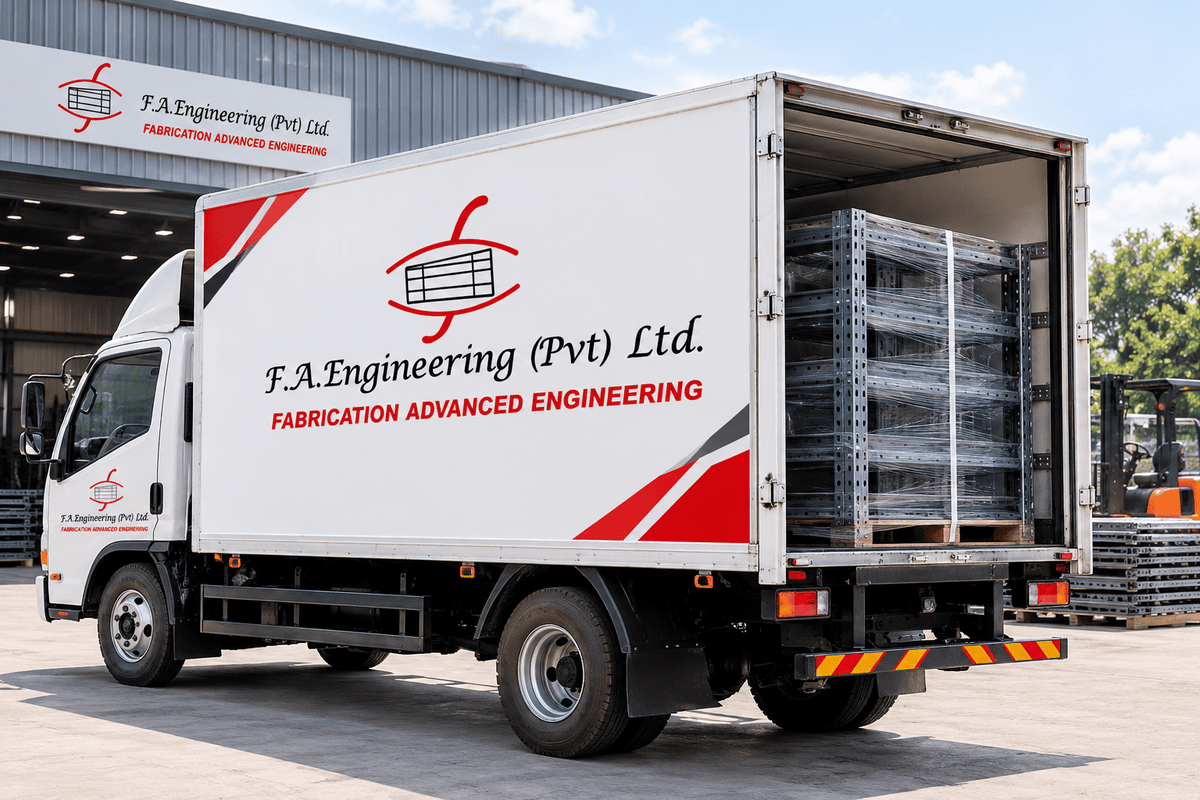 White F.A. Engineering delivery truck with rear doors open, carrying wrapped gray office shoe rack sections outside a factory