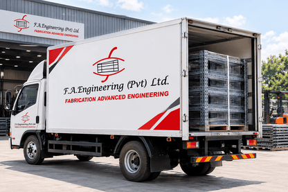 White F.A. Engineering delivery truck with rear doors open, carrying wrapped gray office shoe rack sections outside a factory