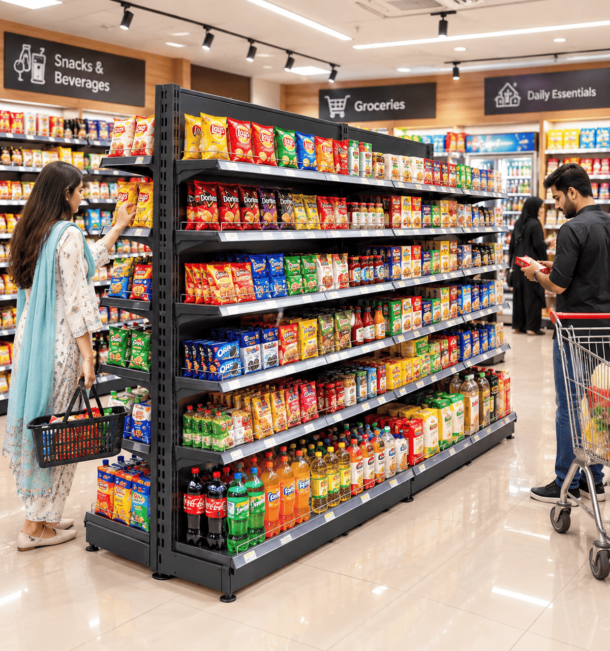 Shoppers browsing a black supermarket gondola rack stocked with chips, biscuits, juices, and soft drinks in a supermarket aisle.