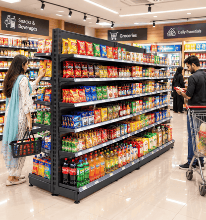 Shoppers browsing a black supermarket gondola rack stocked with chips, biscuits, juices, and soft drinks in a supermarket aisle.