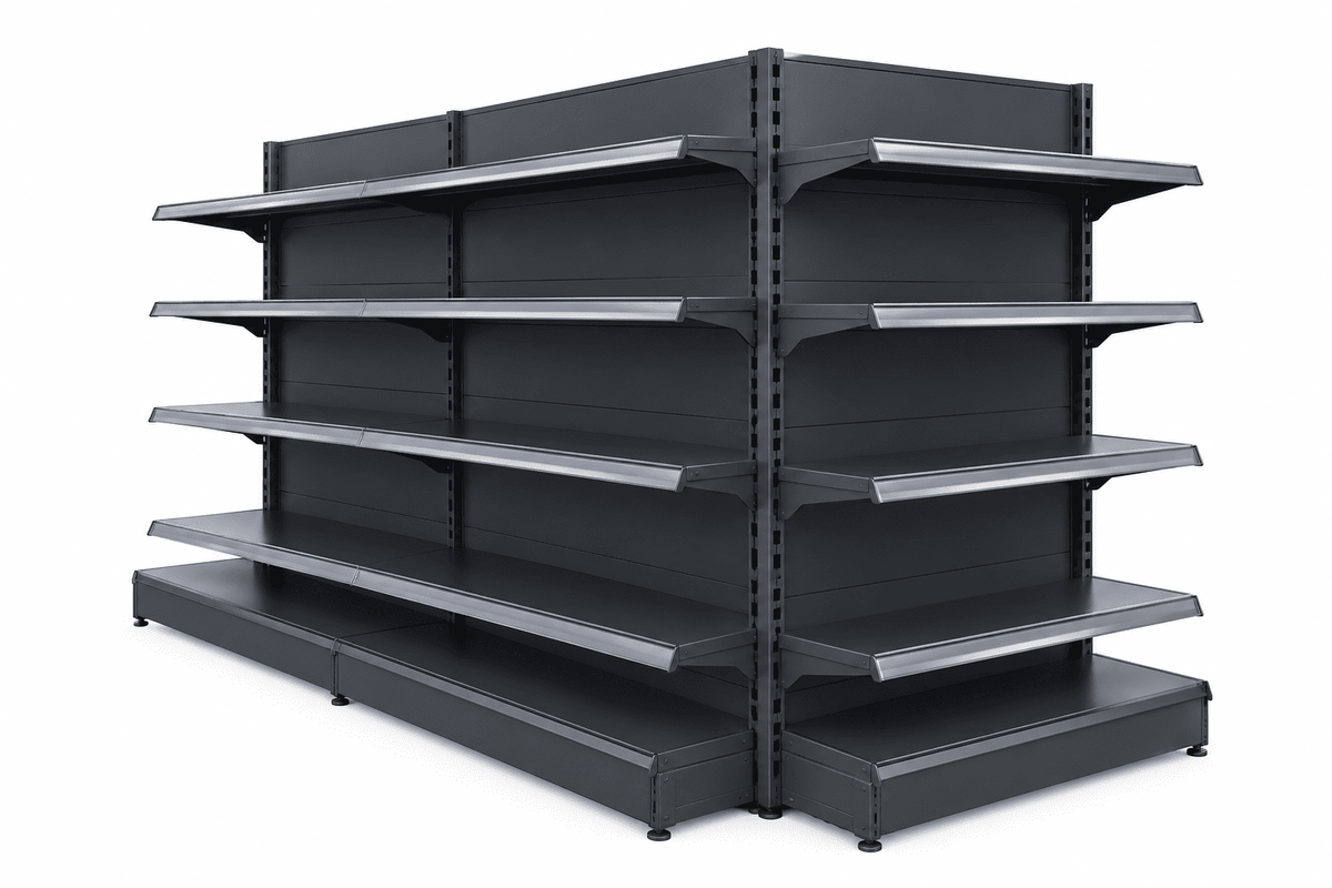 Empty black double-sided supermarket shelf rack with four shelves per side against a plain white background.