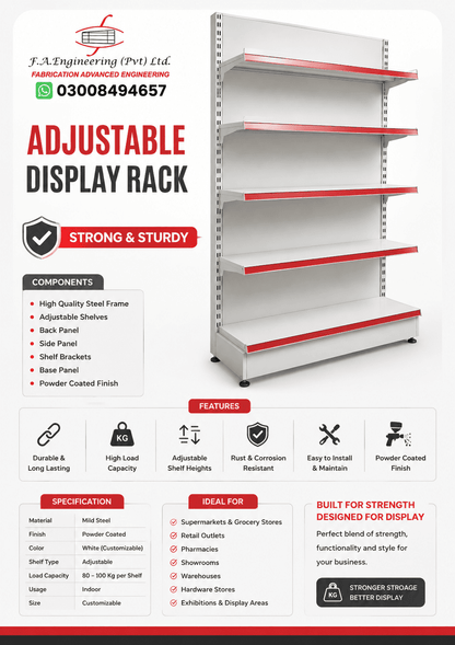 An adjustable metal display rack with red shelf panels, shown on a white background with a large product infographic below. The infographic includes text such as 'ADJUSTABLE DISPLAY RACK', 'STRONG & STURDY', 'COMPONENTS', 'FEATURES', 'SPECIFICATION', and 'IDEAL FOR'.