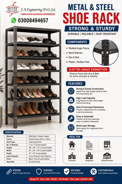 Product infographic for a metal and steel shoe rack, showing the black unit with components, features, and specifications.