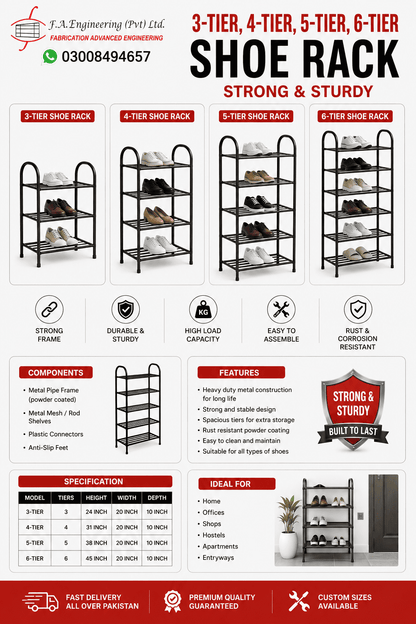 A promotional infographic for a metal shoe rack by F.A.