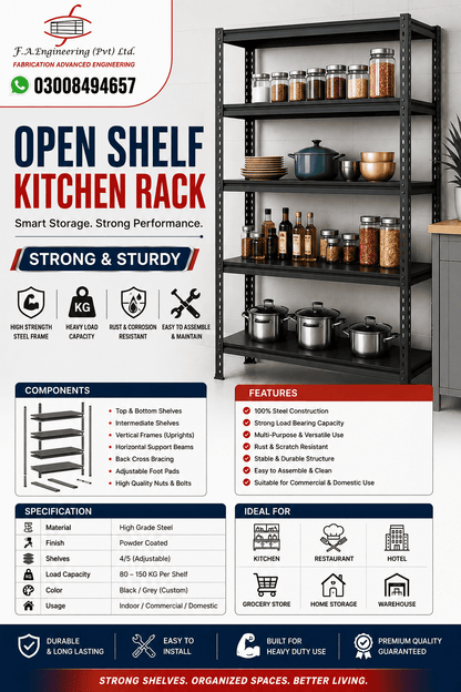 A black metal open shelf kitchen rack with multiple shelves, shown filled with glass jars and cookware. The image includes marketing text, feature icons, a specification table, and an ideal use section on a white background.