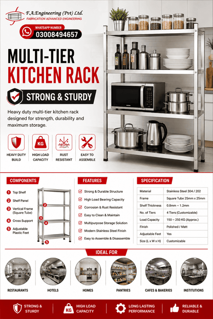 A promotional infographic for a multi-tier stainless steel kitchen rack.