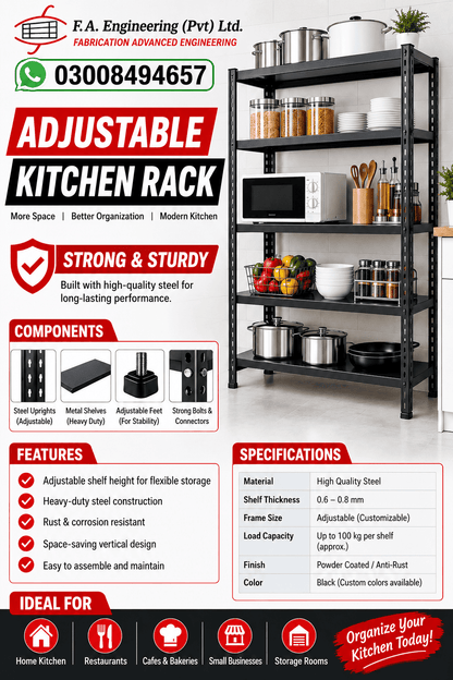 An adjustable black steel kitchen rack shown on a white promotional graphic with text callouts, component diagrams, and feature/spec sections. The rack holds cookware and containers, and the image includes the brand text 'F.