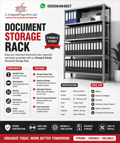 A promotional graphic for a document storage rack.