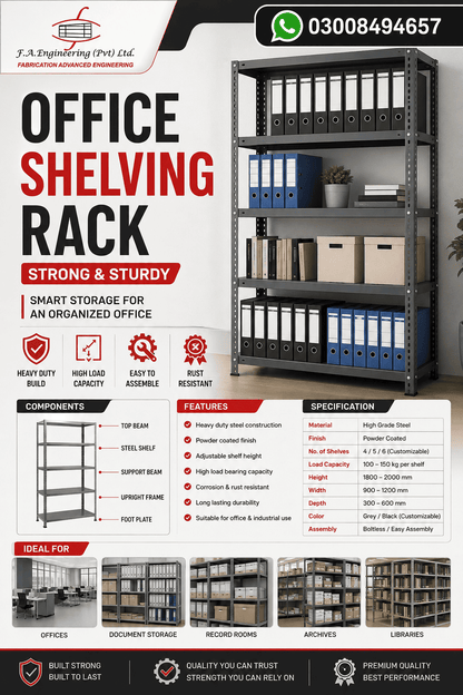 A promotional graphic for a grey and black metal office shelving rack.