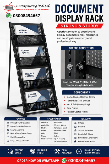 A promotional graphic for a black mesh document display rack, showing the rack itself, a close-up of the slotted angle connection, and multiple feature/specification callouts on a white background with blue and red text blocks.