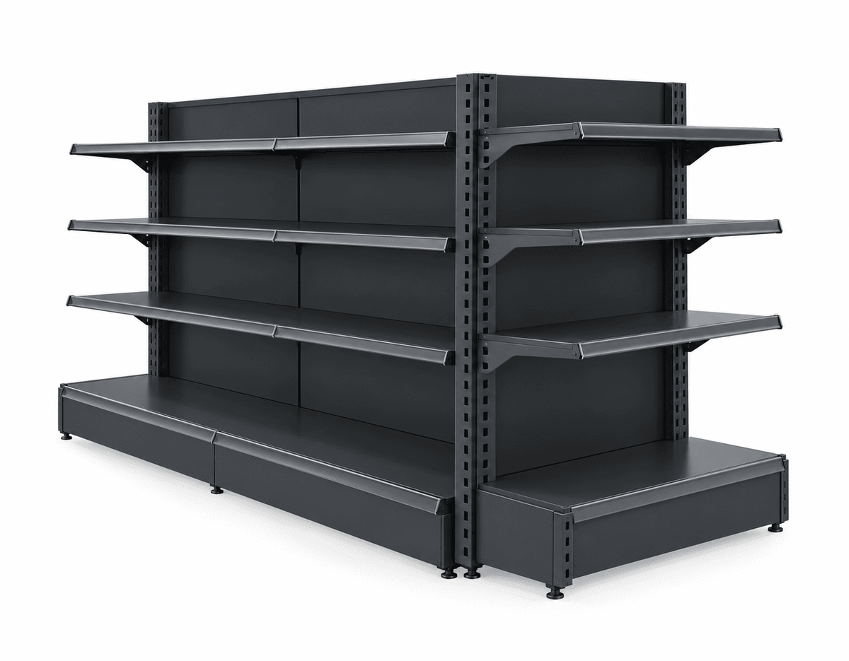 Gray double sided gondola rack with shelves on both sides against a plain white background.