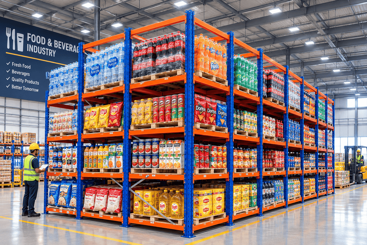 Blue and orange drive-in pallet racking stocked with food and beverage products in a warehouse.