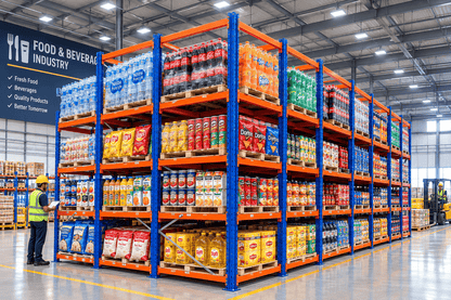 Blue and orange drive-in pallet racking stocked with food and beverage products in a warehouse.