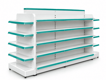 A 6-tier commercial shelving unit with white panels and teal green edges, shown empty on a white background.