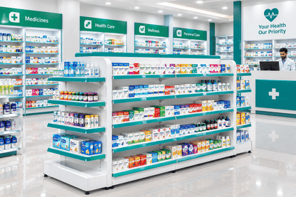 A modern pharmaceutical retail display shelf in a bright, clean pharmacy interior. The white and teal shelving unit is stocked with various medicine and wellness products.