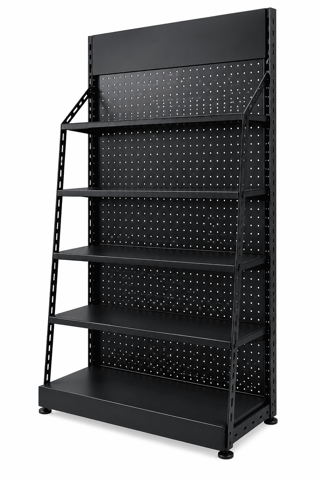 Black angled display rack with pegboard backing and multiple shelves against a plain white background.