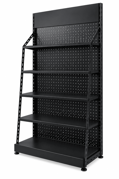Black angled display rack with pegboard backing and multiple shelves against a plain white background.