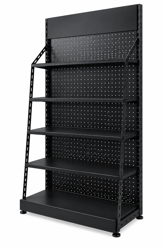 Black angled display rack with pegboard backing and multiple shelves against a plain white background.