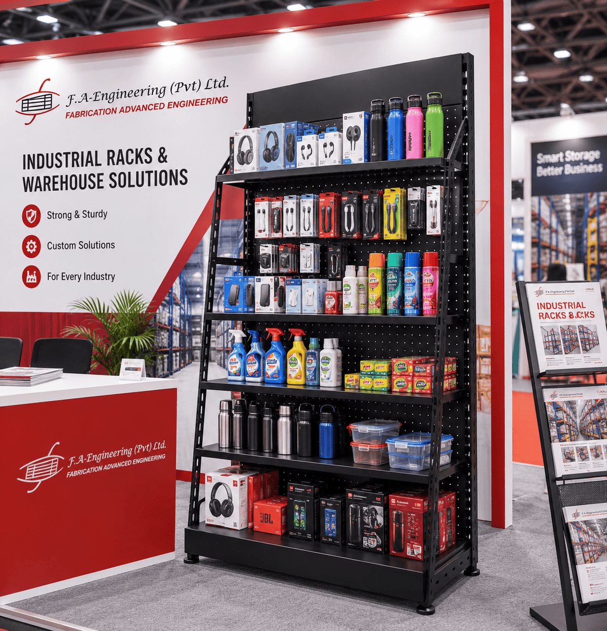 Black exhibition display rack stocked with various products at an F.A. Engineering trade show booth.