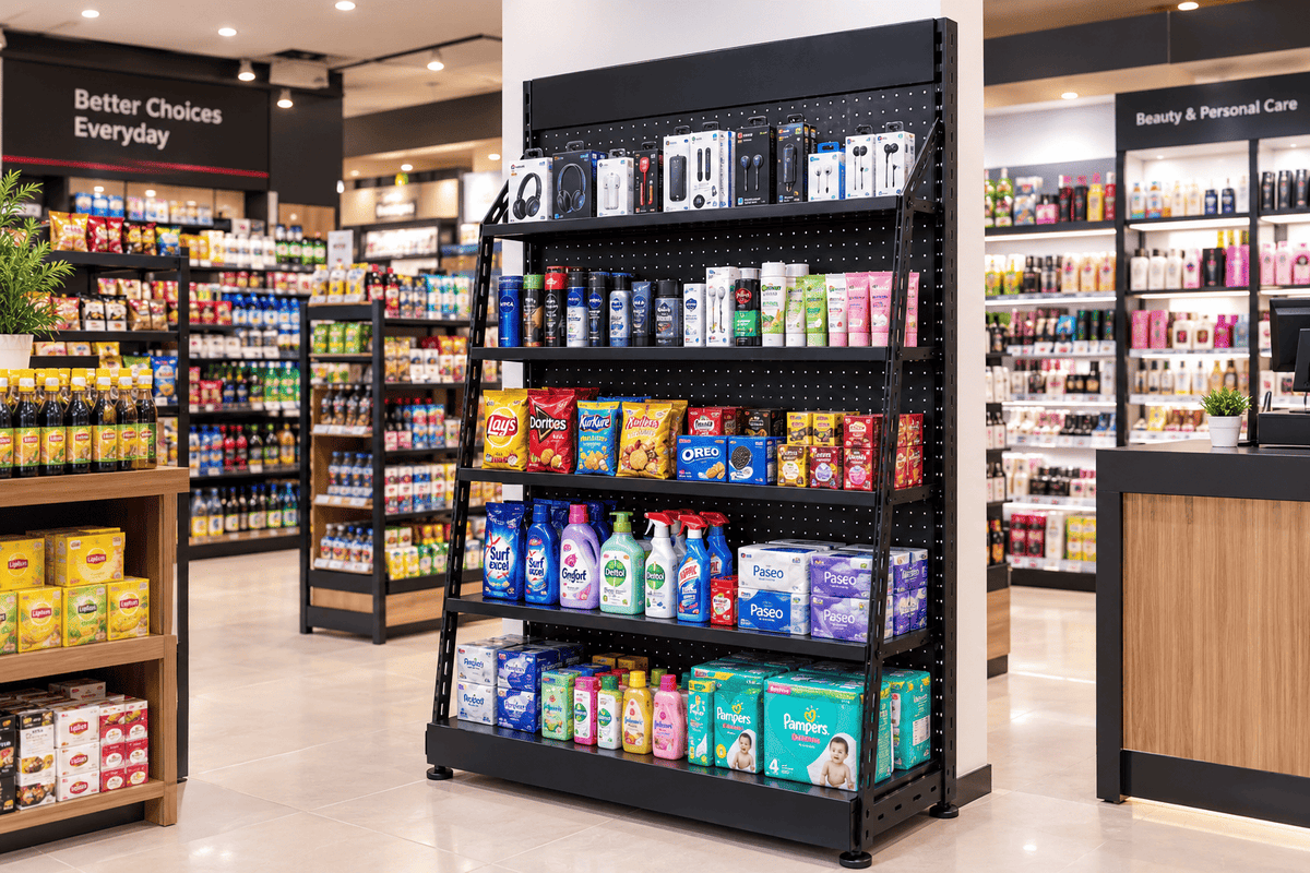 A black metal retail display shelf stocked with assorted consumer goods, including toiletries, snacks, and household items, situated in a brightly lit grocery store aisle.