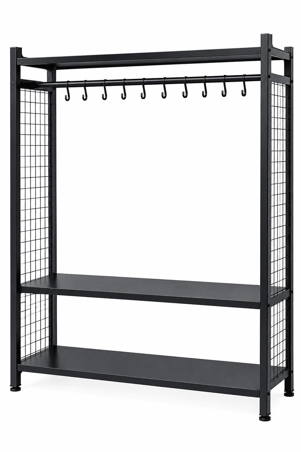 Black garment display rack with wire mesh sides, hanging hooks, and two empty shelves.