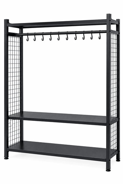 Black garment display rack with wire mesh sides, hanging hooks, and two empty shelves.