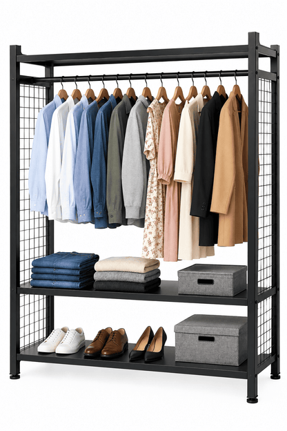 Black garment display rack with wire mesh sides, hanging clothes, folded items, and shoes on shelves