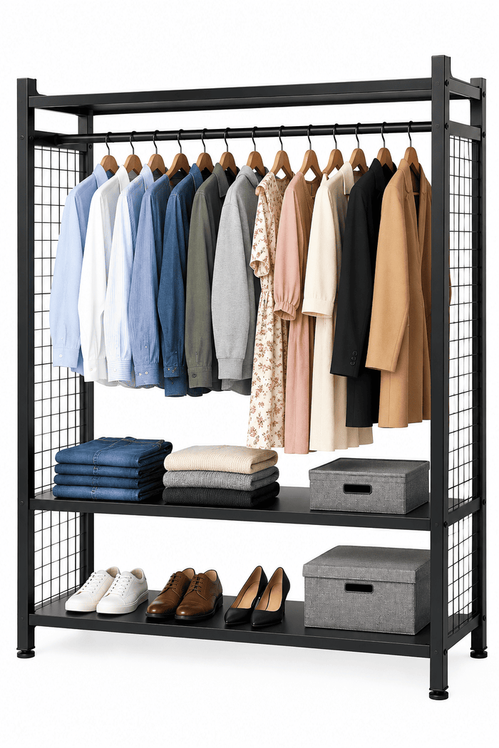 Black garment display rack with wire mesh sides, hanging clothes, folded items, and shoes on shelves