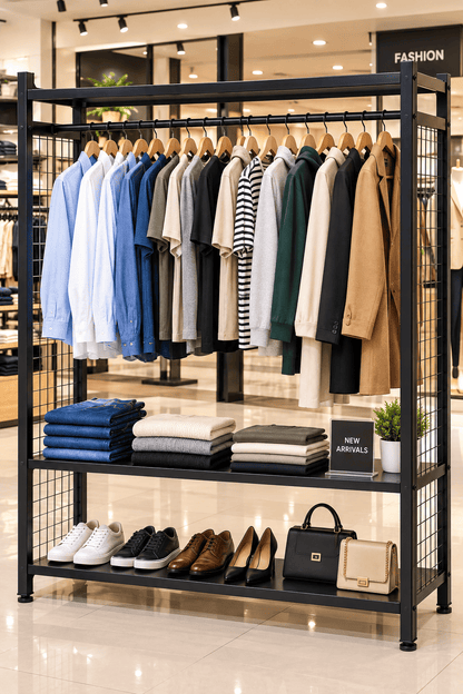 Black garment display rack with hanging clothes, folded items, and shoes in a retail fashion store.