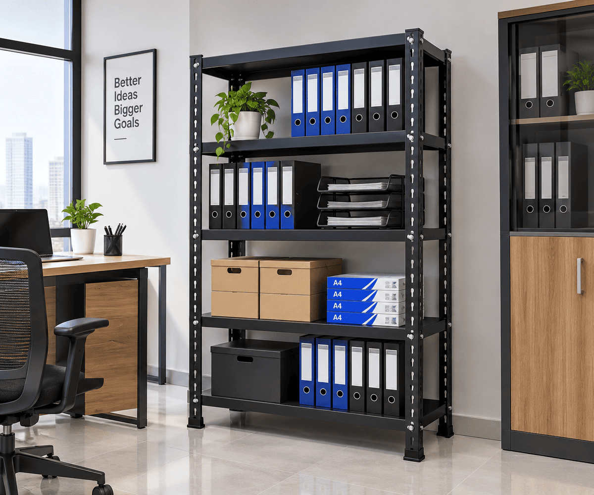 Black file storage rack holding binders and storage boxes in an office with a desk and cabinet.