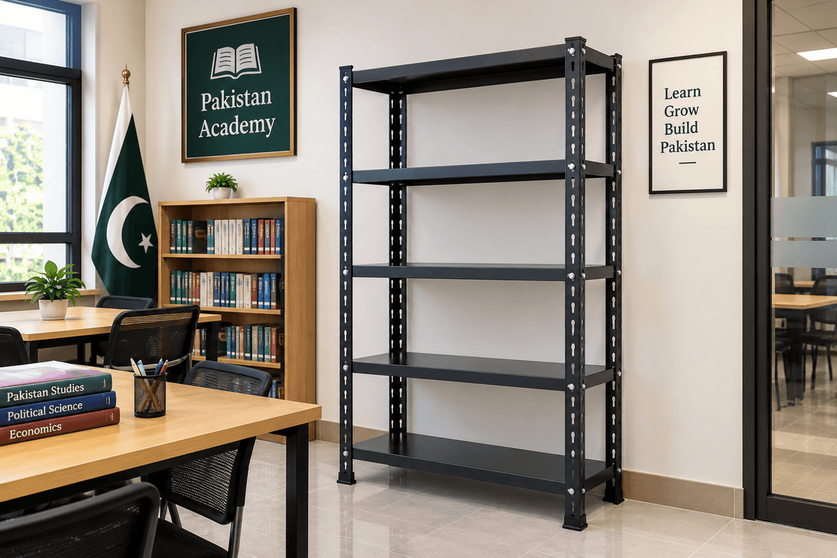 Black empty file storage rack in a library or academy study room with desks and bookshelves.