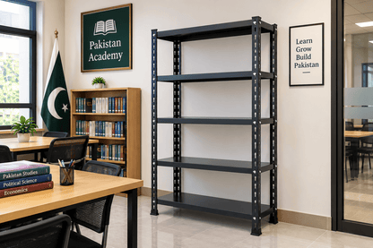 Black empty file storage rack in a library or academy study room with desks and bookshelves.