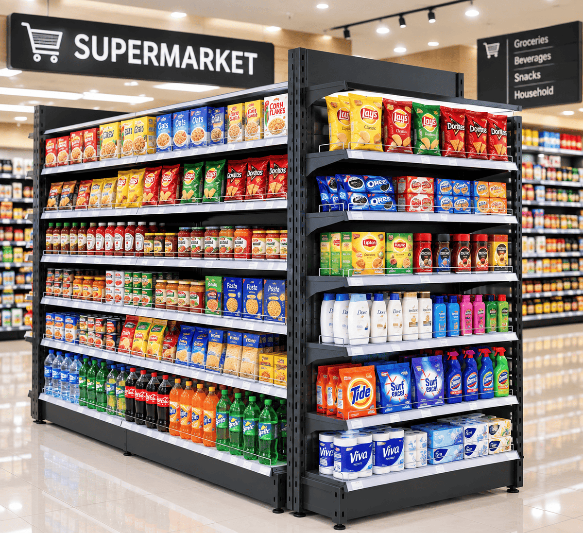 Black general store rack stocked with groceries, beverages, snacks, and household products in a supermarket aisle.