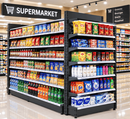 Black general store rack stocked with groceries, beverages, snacks, and household products in a supermarket aisle.