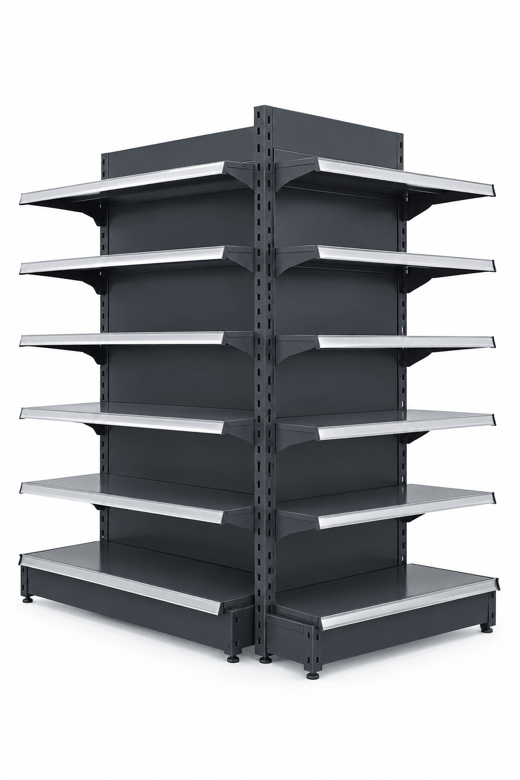 Gray double-sided general store rack with silver shelf edges against a plain white background.