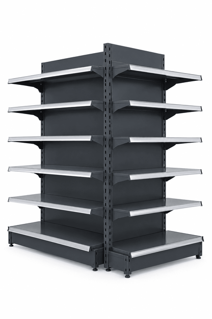 Gray double-sided general store rack with silver shelf edges against a plain white background.
