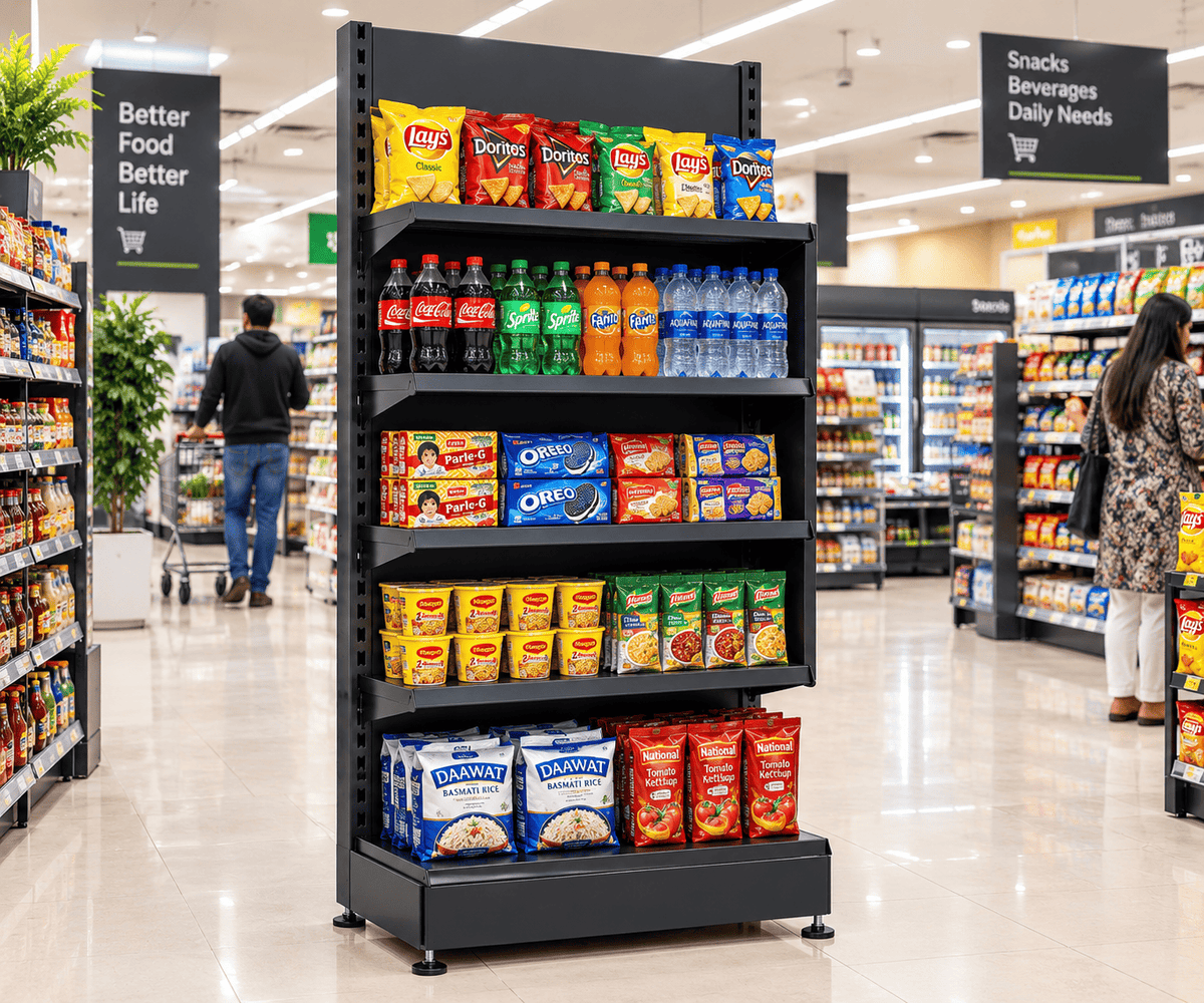 Black retail display rack stocked with snacks, beverages, and grocery items in a supermarket aisle.
