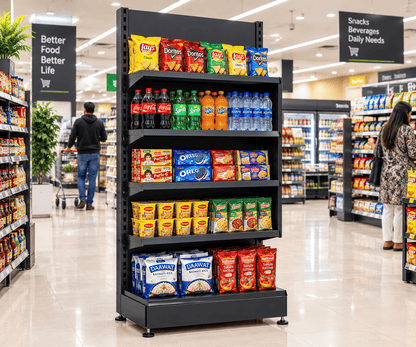 Black retail display rack stocked with snacks, beverages, and grocery items in a supermarket aisle.