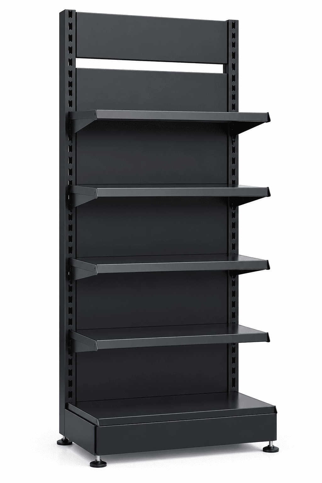 Black retail display rack with solid-back shelving against a plain white background.