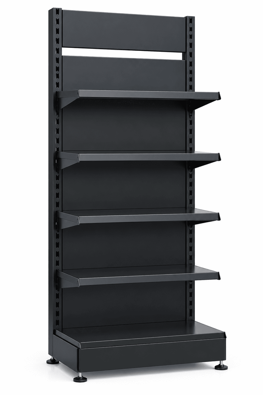 Black retail display rack with solid-back shelving against a plain white background.