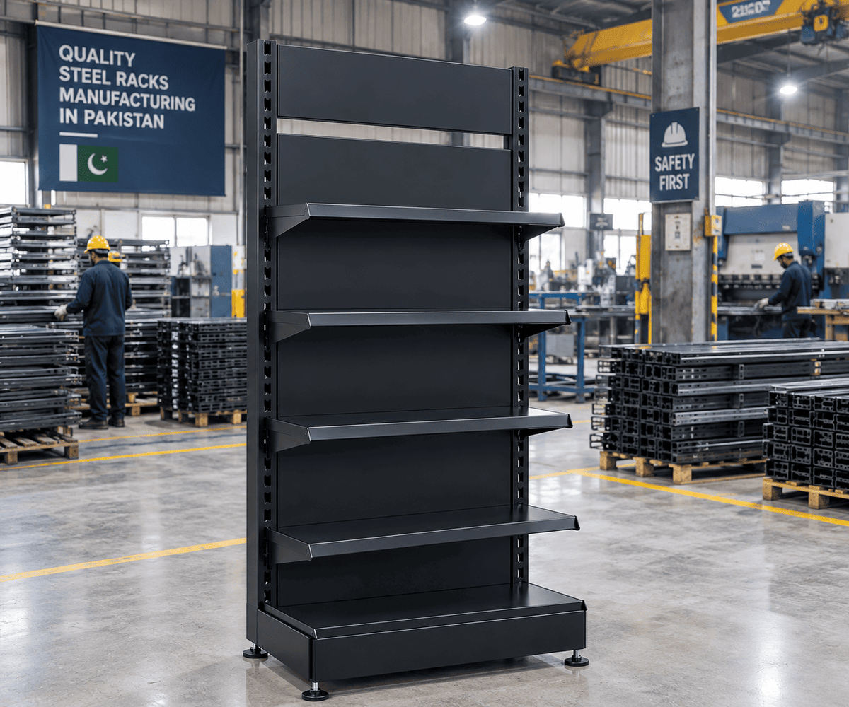 Black empty retail display rack in a steel racks manufacturing facility in Pakistan.