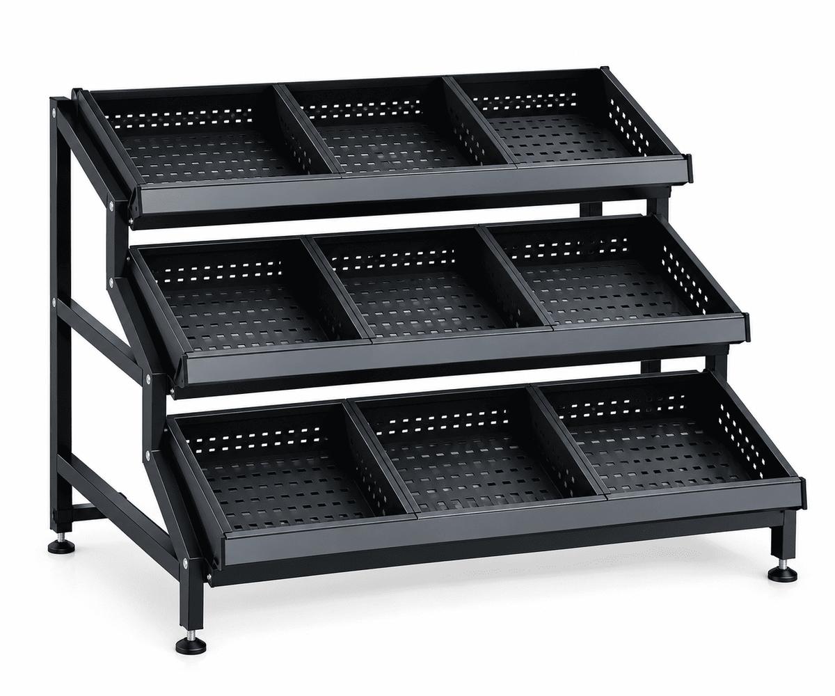 Black 3-tier fruit display rack with perforated baskets against a plain white background.