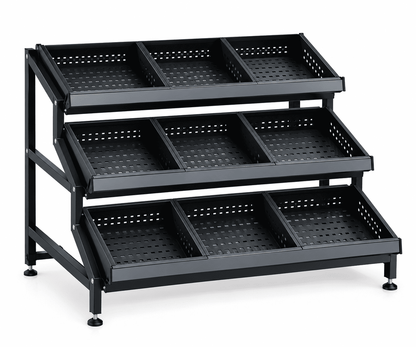 Black 3-tier fruit display rack with perforated baskets against a plain white background.
