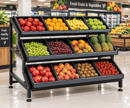 Black 3-tier fruit display rack stocked with assorted fresh fruits in a supermarket produce section.