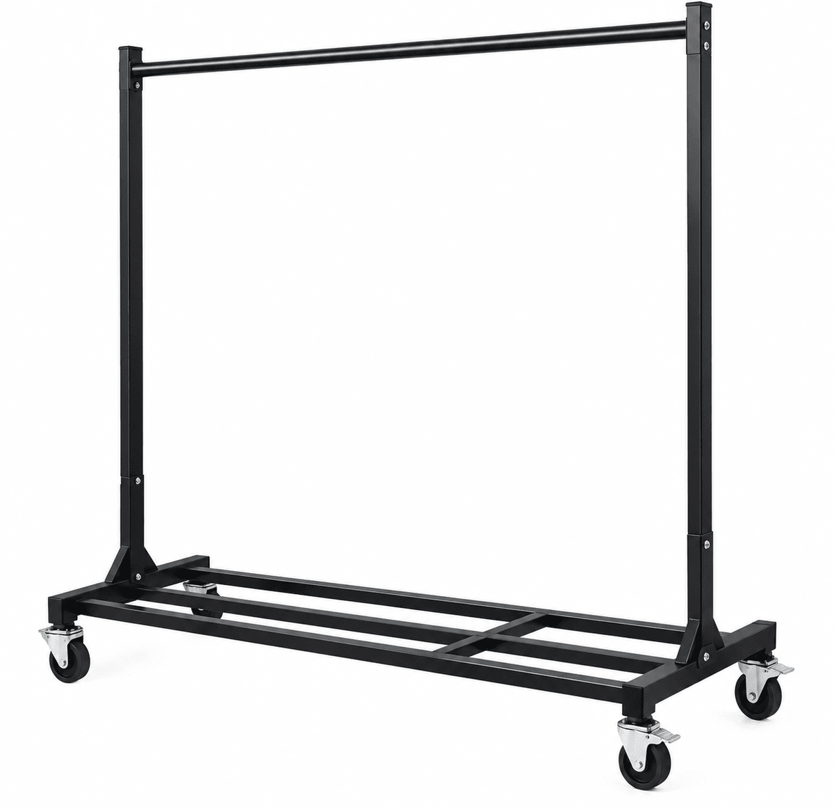 A black metal garment rack on wheels with a top hanging bar and a lower shelf, shown on a plain white background.