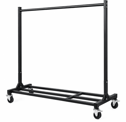 A black metal garment rack on wheels with a top hanging bar and a lower shelf, shown on a plain white background.