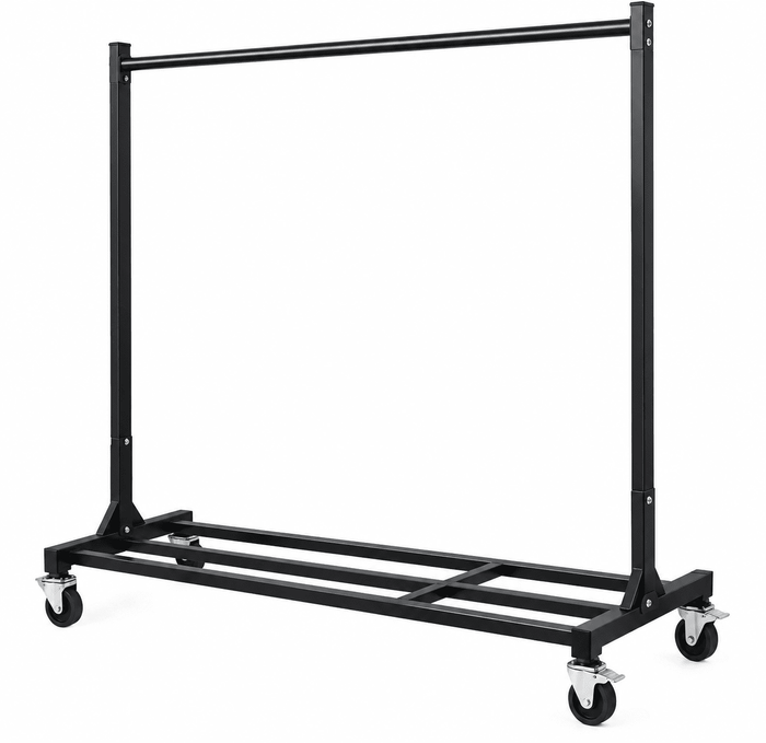 A black metal garment rack on wheels with a top hanging bar and a lower shelf, shown on a plain white background.