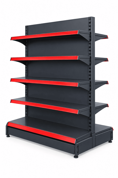 A 5-tier retail display shelving unit with a dark gray/black metal frame and bright red accent strips along the top edges of each shelf, shown on a solid white background.